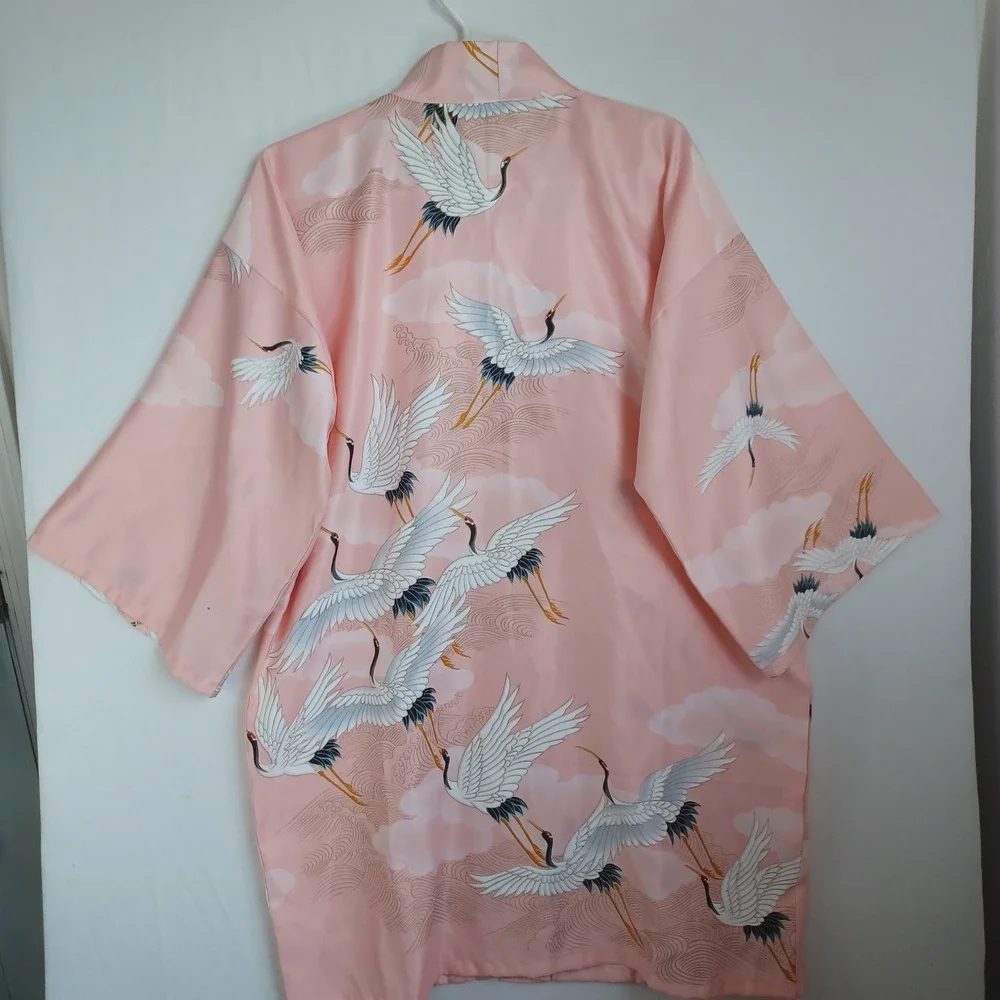 Monki Pink Crane Print Satin Kimono Robe Wide Sleeve Bird Pattern One Size